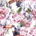 Watercolor seamless pattern with peony flowers, Lavender and toucan bird. Royalty Free Stock Photo