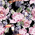 Watercolor seamless pattern with peony flowers, Lavender and toucan bird. Royalty Free Stock Photo
