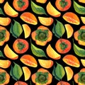 Watercolor seamless pattern of persimmon on a black background. Floral illustration for wrapping paper, textiles