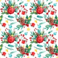 Seamless pattern with pine cones and branches. Hand painted illustration Royalty Free Stock Photo