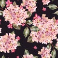 Watercolor seamless pattern with pink blooming hydrangea, small wildflowers Royalty Free Stock Photo