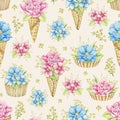 Watercolor seamless pattern with pink and blue flowers in waffle cones Royalty Free Stock Photo