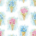 Watercolor seamless pattern with pink and blue flowers in waffle cones