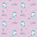 Watercolor seamless pattern with pink and blue unicorn, hearts and stars on pink background. Royalty Free Stock Photo