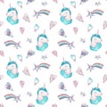 Watercolor seamless pattern with pink and blue unicorn, hearts and stars on white background. Royalty Free Stock Photo