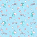 Watercolor seamless pattern with pink and blue unicorns, hearts and stars on sky blue background. Royalty Free Stock Photo