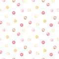 Watercolor seamless pattern with pink, brown, beige circles, polka dots, balloons for a girl on a white background