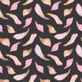 Watercolor seamless pattern of pink, brown, gold feathers.