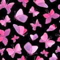 Watercolor seamless pattern with pink butterflies. Hand painted fairy butterfly texture on black background. Romantic Royalty Free Stock Photo