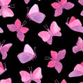 Watercolor seamless pattern with pink butterflies. Hand painted fairy butterfly texture on black background. Romantic design for Royalty Free Stock Photo