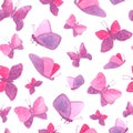 Watercolor seamless pattern with pink butterflies. Hand painted fairy butterfly texture isolated on white background Royalty Free Stock Photo