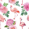 Watercolor seamless pattern. Pink flamingo and flowers isolated background, watercolor illustration.