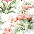 Watercolor seamless pattern with pink flamingos, linear gold leaves and tropical flowers. Hand painted floral