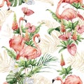 Watercolor seamless pattern with pink flamingos, tropical flowers and linear gold leaves. Hand painted floral