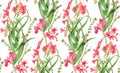 Watercolor seamless pattern. Pink flowers in bloom. Colourful tropical floral design isolated on white. Botanical floral Royalty Free Stock Photo