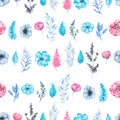 Watercolor seamless pattern with pink flowers and blue leaves Royalty Free Stock Photo