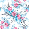 Watercolor seamless pattern with pink flowers and blue leaves Royalty Free Stock Photo