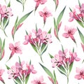 Watercolor seamless pattern of pink flowers and green leaves Royalty Free Stock Photo