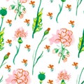 Watercolor seamless pattern with pink geranium with green leaves Royalty Free Stock Photo