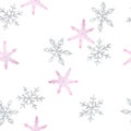 Watercolor seamless pattern with pink gray pastel snowflakes isolated on white background. Christmas winter new year