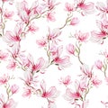 Watercolor seamless pattern with pink magnolia flowers and leaves Royalty Free Stock Photo