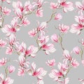 Watercolor seamless pattern with pink magnolia flowers and leaves Royalty Free Stock Photo