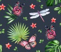 Watercolor seamless pattern. Pink monarch butterflies, dragonflies and palm leaves on dark grey background. Tropical