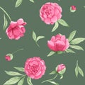 Watercolor seamless pattern with pink peonies and green leaves, on a green background, hand-drawn.
