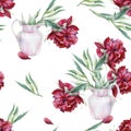 Watercolor seamless pattern of pink peony flower in a vase.