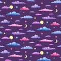 Watercolor seamless pattern of pink purple and blue clouds on night sky background. pastel clouds with stars, crescent and full Royalty Free Stock Photo