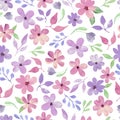 Watercolor seamless pattern with pink, purple flowers. Hand drawn floral background. Vector EPS. Royalty Free Stock Photo