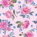 Watercolor seamless pattern of pink roses and forget-me-nots on a pink background