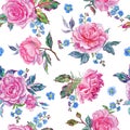 Watercolor seamless pattern of pink roses and forget-me-nots on a white background. Royalty Free Stock Photo