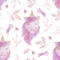 Watercolor seamless pattern pink unicorn and flowers