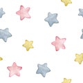 Watercolor seamless pattern with pink, yellow and blue cartoon stars Royalty Free Stock Photo