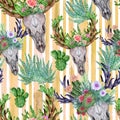 Watercolor Seamless pattern with plant cactus succulent branches, skull deer, horns Boho illustration background.Perfect for