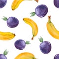 Watercolor seamless pattern with plums and bananas. Royalty Free Stock Photo
