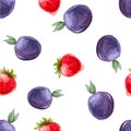 Watercolor seamless pattern with plums and strawberries. Royalty Free Stock Photo