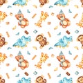 Watercolor seamless pattern with plush animals toys on white background