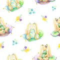 Watercolor seamless pattern with plush bunny and flowers