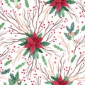 Watercolor seamless pattern with poinsettia flowers,  tree branches and leaves of holly with berries on white. Royalty Free Stock Photo