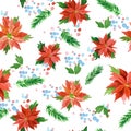 Watercolor seamless pattern with poisettia flowers and Christmas trees