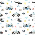 Watercolor seamless pattern with police helicopter, car, motorcycle and flashing lights on a white background