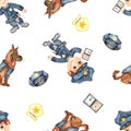 Watercolor seamless pattern with police officer, dog, badge, police cap Royalty Free Stock Photo