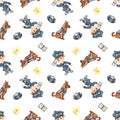 Watercolor seamless pattern with police officer, dog, badge, police cap on a white background Royalty Free Stock Photo