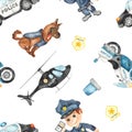 Watercolor seamless pattern with police vehicles, police officer and dog Royalty Free Stock Photo