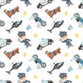 Watercolor seamless pattern with police vehicles, police officer and dog on a white background