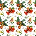 Watercolor seamless pattern pomegranate branches with red flowers on white for Jewish New Year, Rosh Hashanah greetings Royalty Free Stock Photo