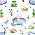 Watercolor seamless pattern with pond, frog, caterpillar, reeds, water lily, mosquitoes