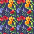 Watercolor seamless pattern with poppies, buttercups, lavender Royalty Free Stock Photo